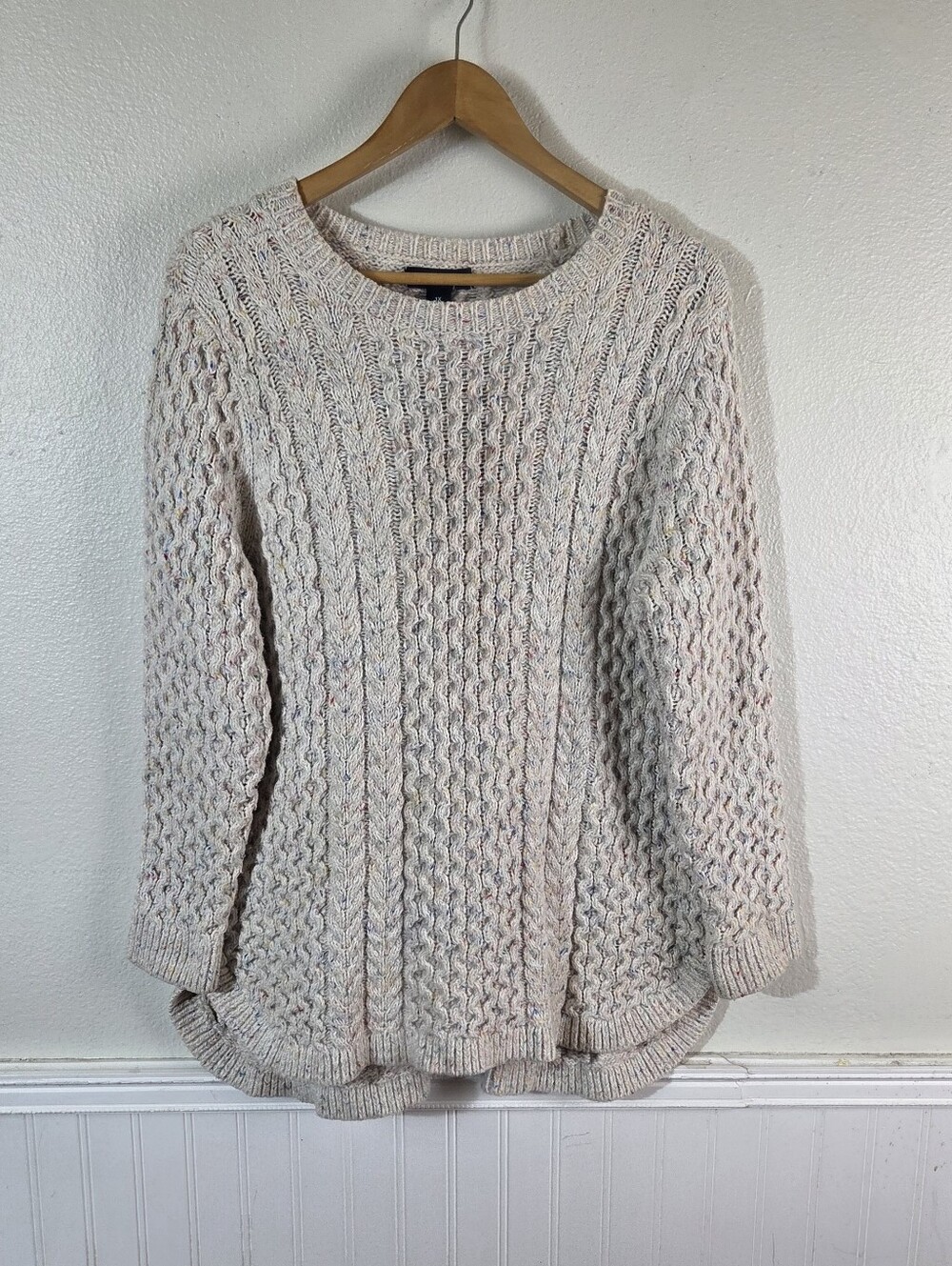 Lands' End 1X Plus Cable Knit Sweater Wool Blend Confetti Crewneck Tunic Cream